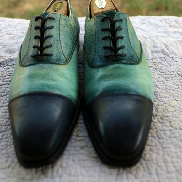 Crockett & Jones Barneys 9.5-D Pebbled Blue Multicolor Captoe Oxford - Picture 3 of 16